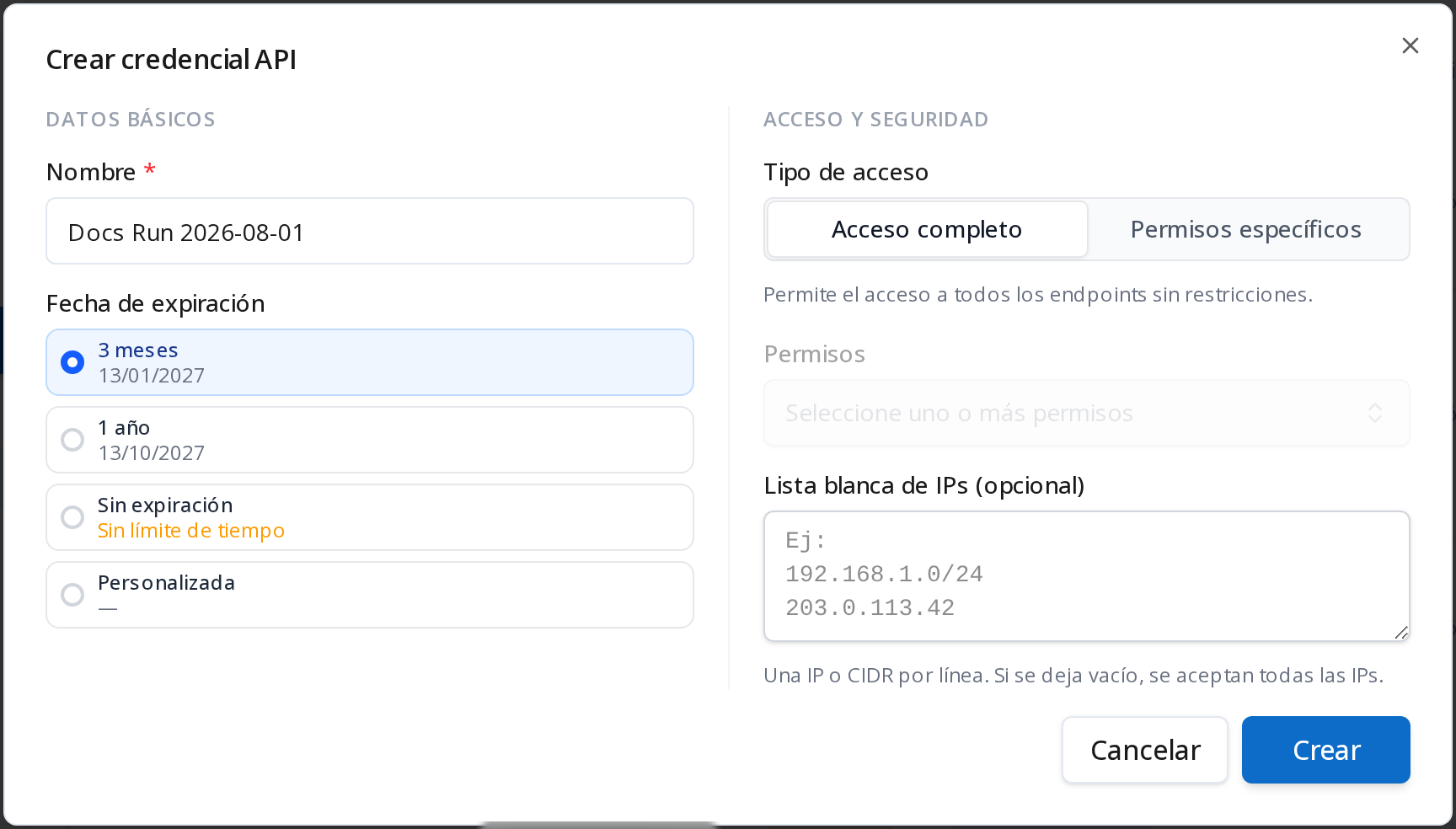 El formulario de creación: nombre y fecha de expiración a la izquierda, alcance de la API key a la derecha.