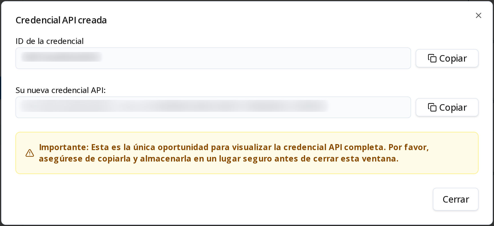 El diálogo Credencial API creada, con el ID de la credencial y la API key completa.