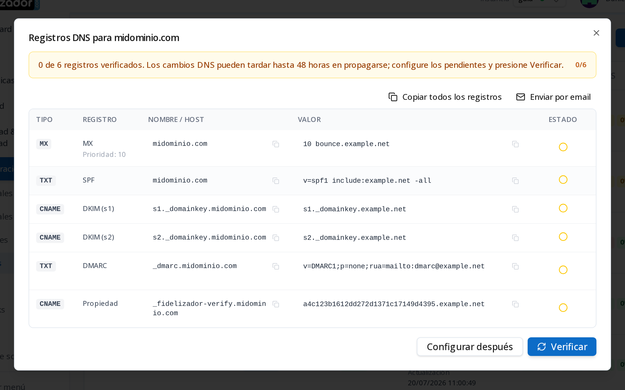 Fidelizador: los registros DNS para validar el dominio