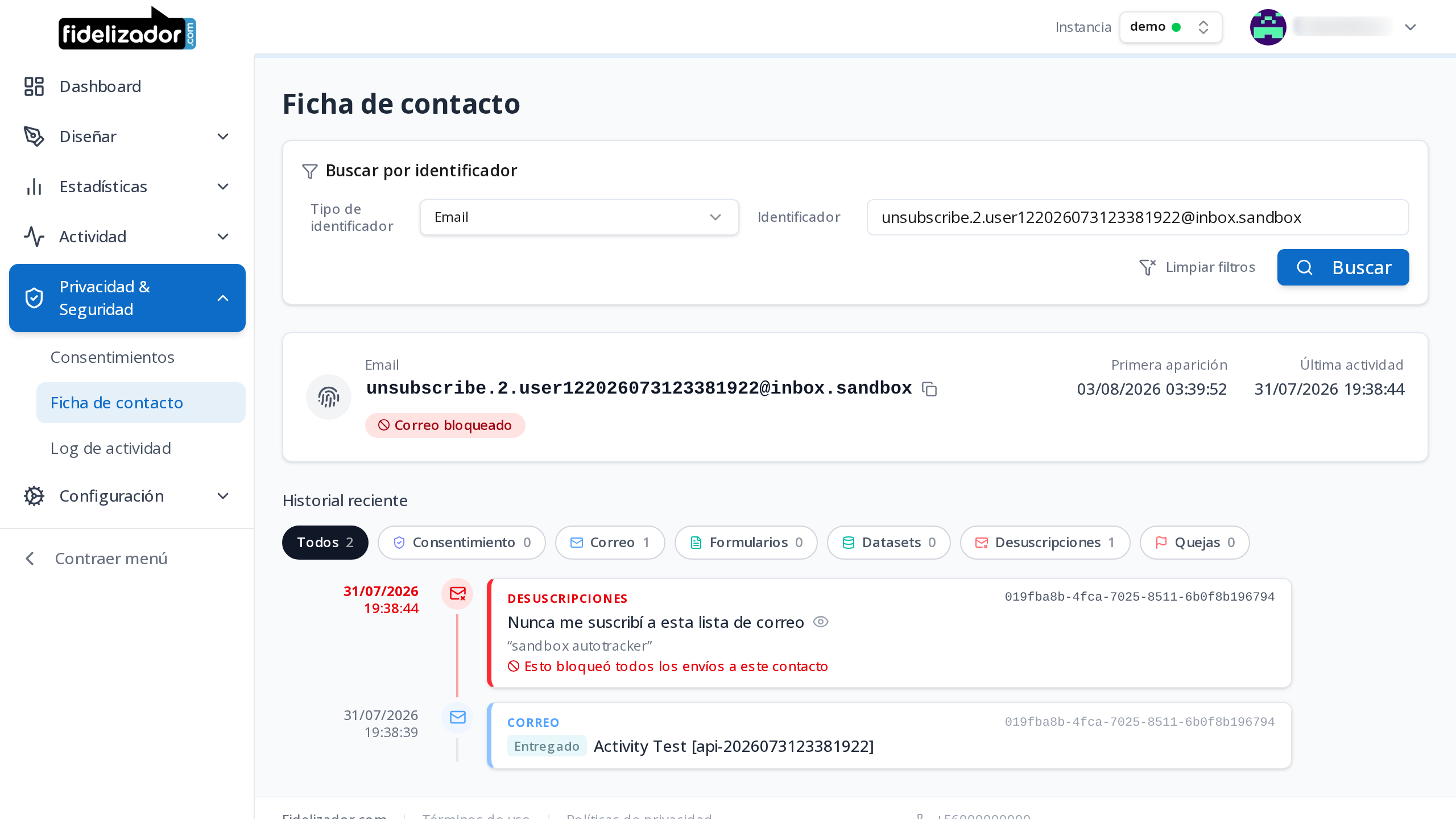 Captura: La tarjeta del contacto