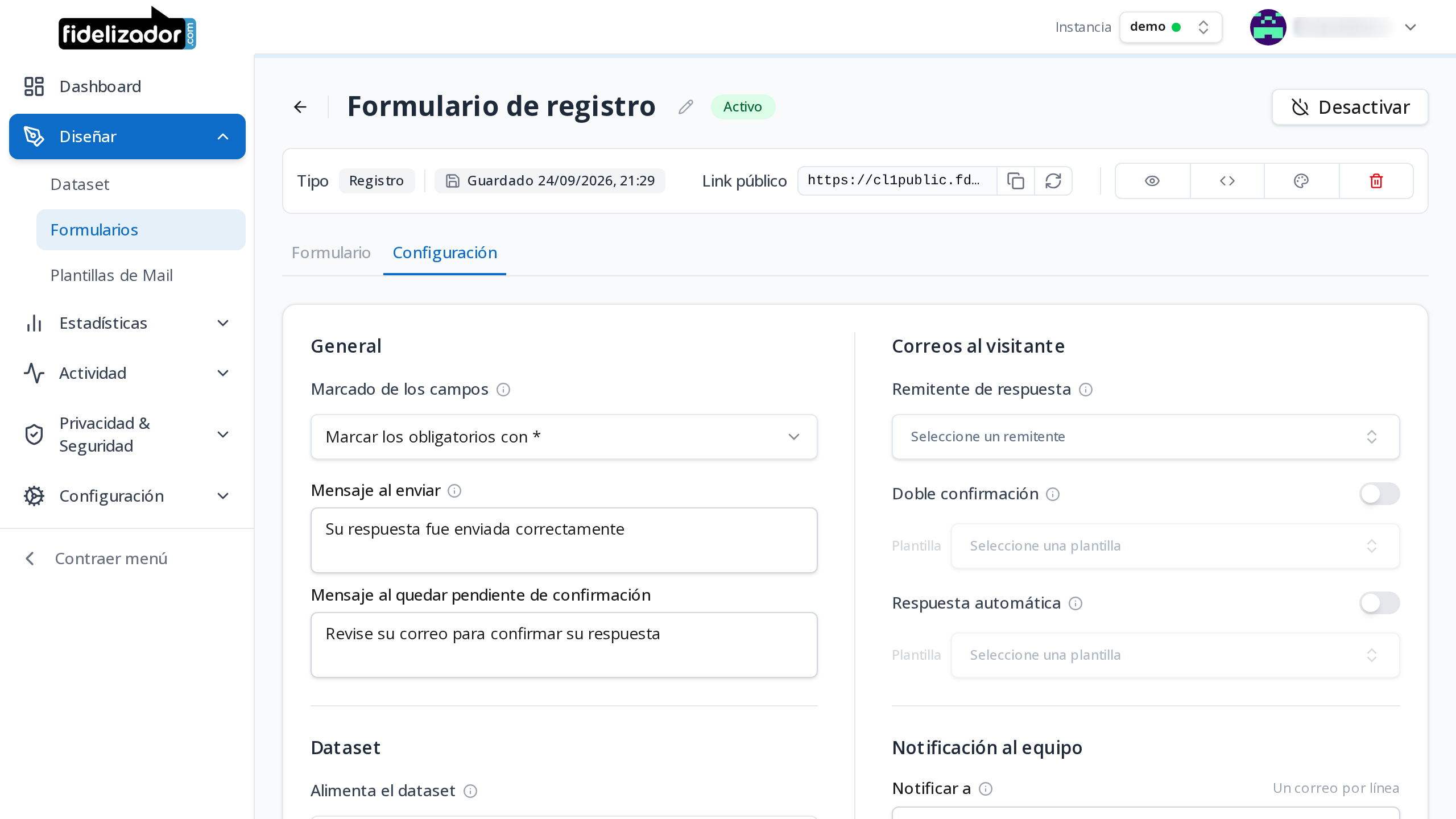 Captura: Configuración del formulario